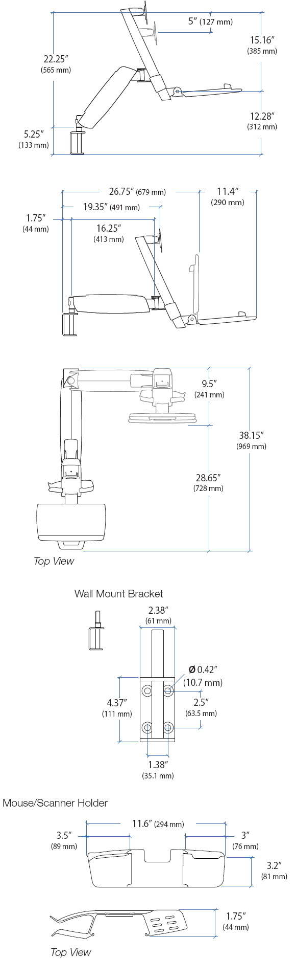 Technical Drawing for Ergotron 45-216-216 StyleView HD Combo System