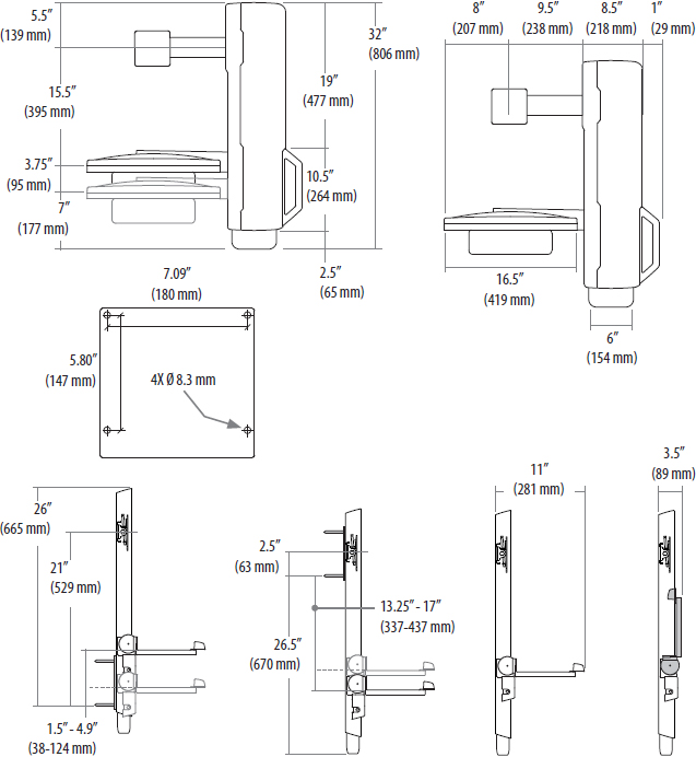 Technical Drawing for Ergotron 61-081-062 SV Sit-Stand Vertical Lift, High-Traffic