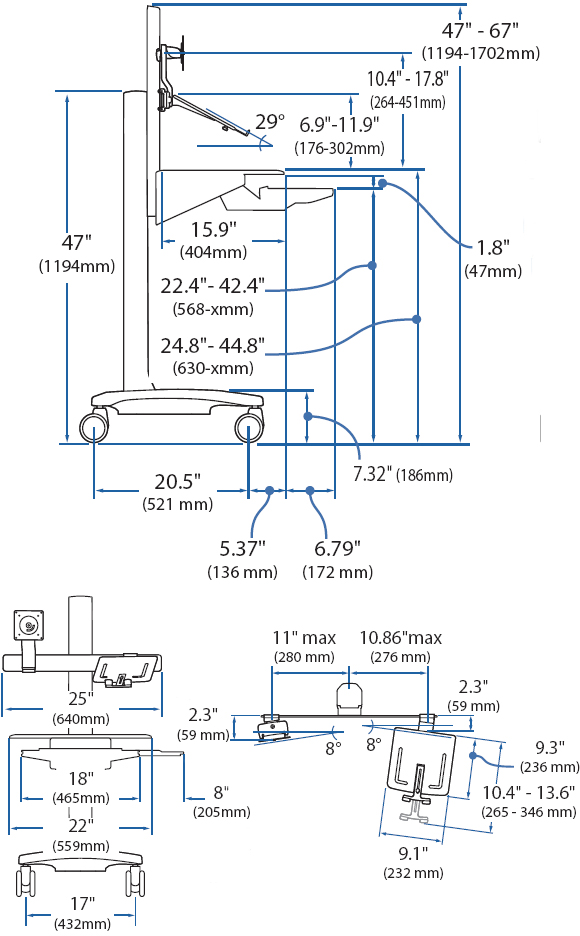 Technical Drawing for Ergotron 24-195-055 WorkFit C-Mod Combo Sit-Stand Workstation
