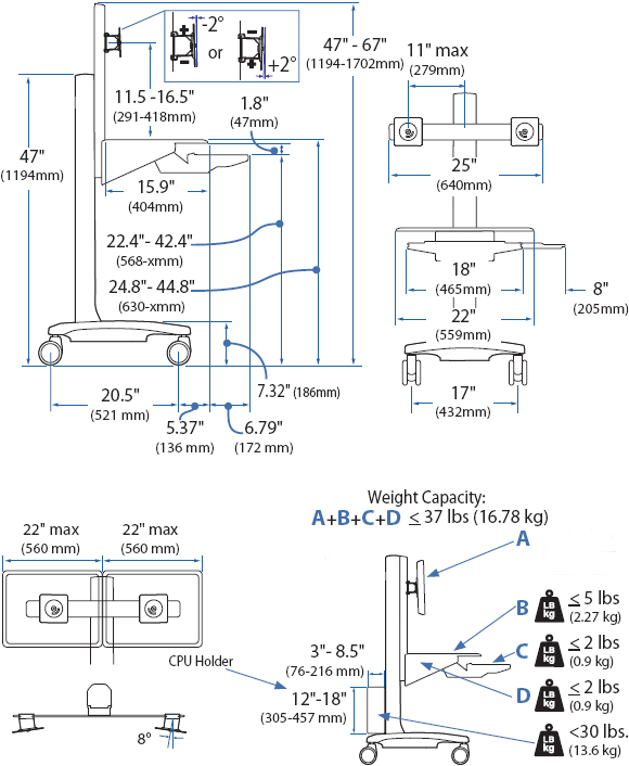 Technical drawing for Ergotron 24-196-055 WorkFit C-Mod Dual Display Sit Stand Workstation