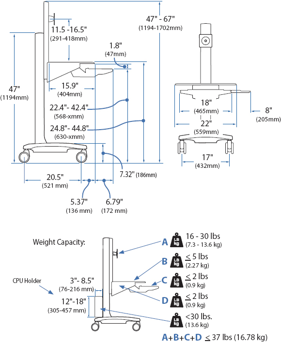 Dimensional diagram for Ergotron 24-197-055 WorkFit C-Mod Mid-Size Display Sit-Stand Workstation