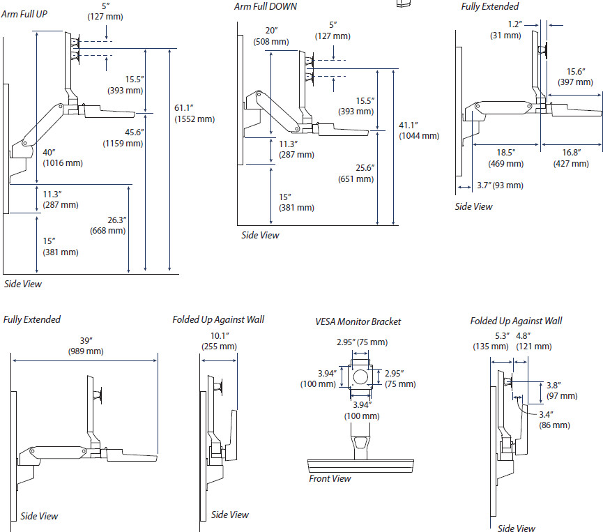 Technical Drawing for Ergotron 45-618-251 CareFit Combo Keyboard & Monitor Mount Workstation