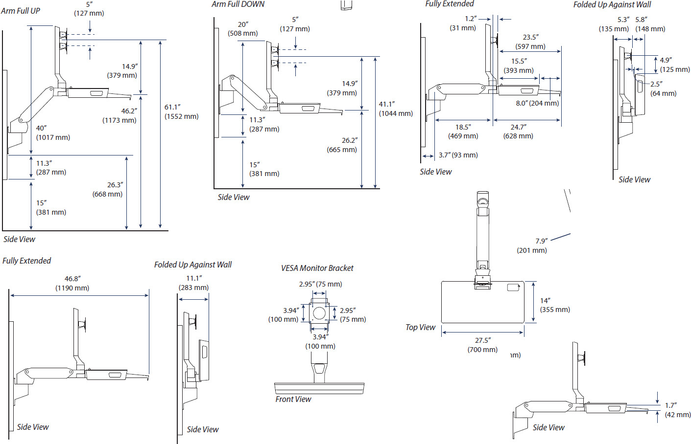 Technical Drawing for Ergotron 45-619-251 CareFit Combo System with Worksurface