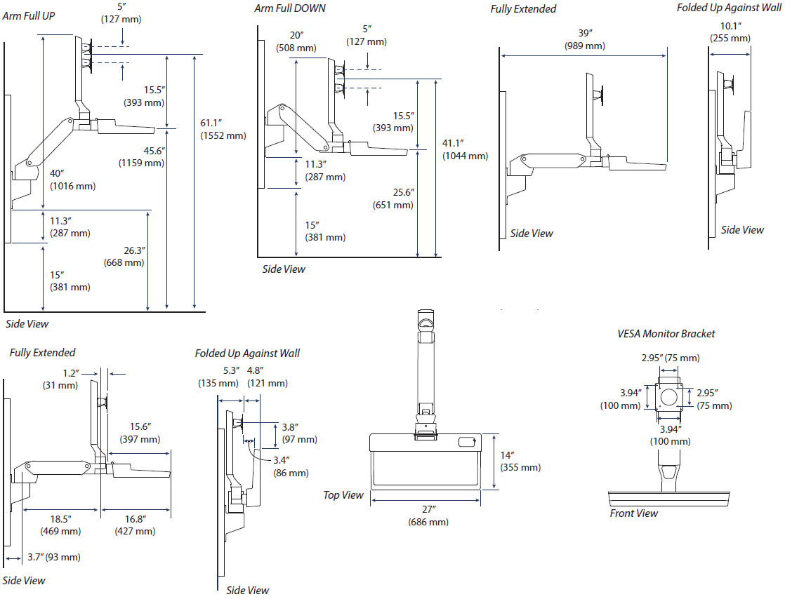 Technical Drawing for Ergotron 45-621-251 CareFit Combo Keyboard and Monitor Mount Arm