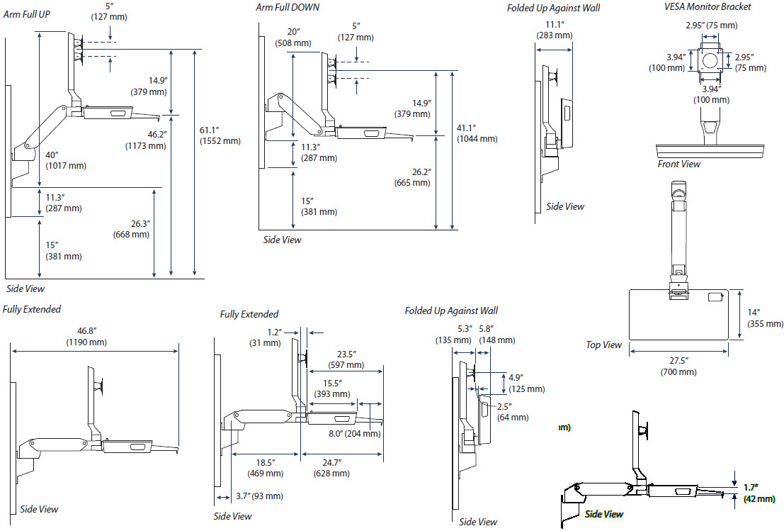 Technical Drawing for Ergotron 45-622-251 CareFit Combo Arm with Worksurface