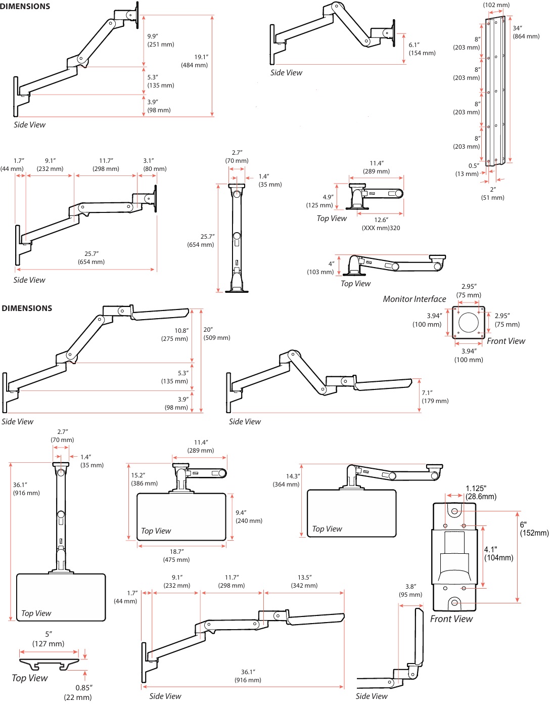 Technical Drawing for Ergotron 45-696-292 LX Pro Wall Mounted Computer Workstation (black)
