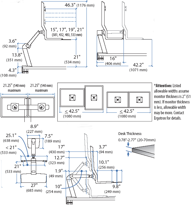 Technical drawing for Ergotron 24-257-026 WorkFit-A Sit-Stand Workstation
