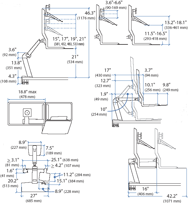 Technical drawing for Ergotron 24-258-026  LCD & Laptop Sit-Stand Workstation