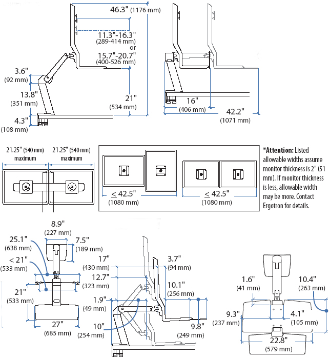 Technical drawing for Ergotron 24-272-026 WorkFit-A Dual LCD Worksurface Workstation