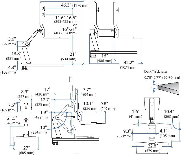 Technical drawing for Ergotron 24-274-026 Single LD Workstation with Worksurface