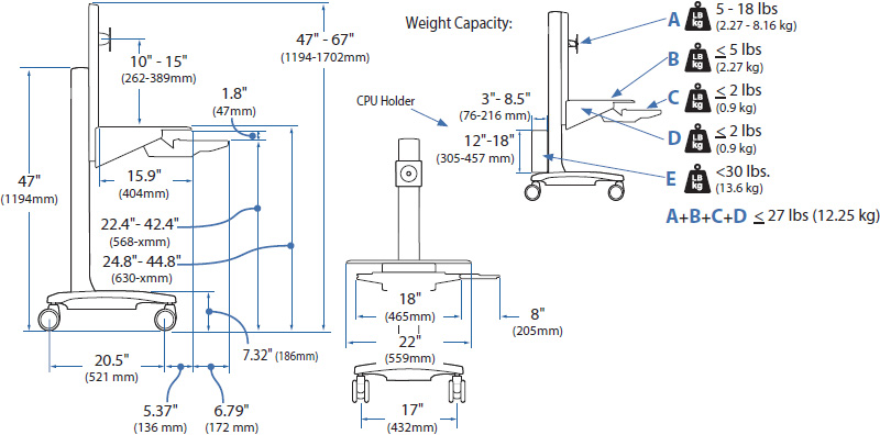 Technical Drawing for Ergotron 24-198-055 WorkFit-C, Single LD Sit-Stand Workstation