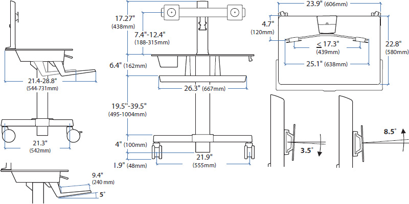 Technical Drawing for Ergotron 24-214-085 WorkFit-C, Dual Sit-Stand Workstation