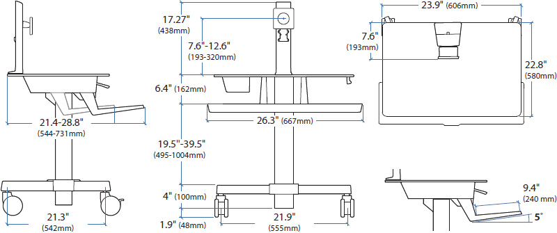 Technical Drawing for Ergotron 24-216-085 WorkFit-C, Single HD Sit-Stand Workstation