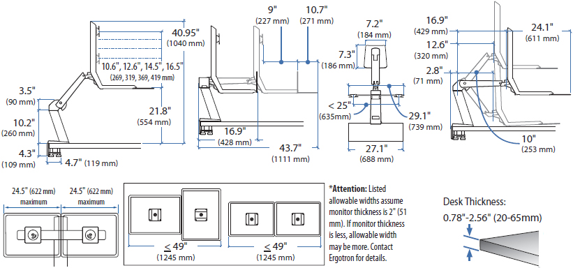 Technical Drawing for Ergotron 24-312-026 WorkFit-A Dual LED Monitor Sit-Stand Workstation