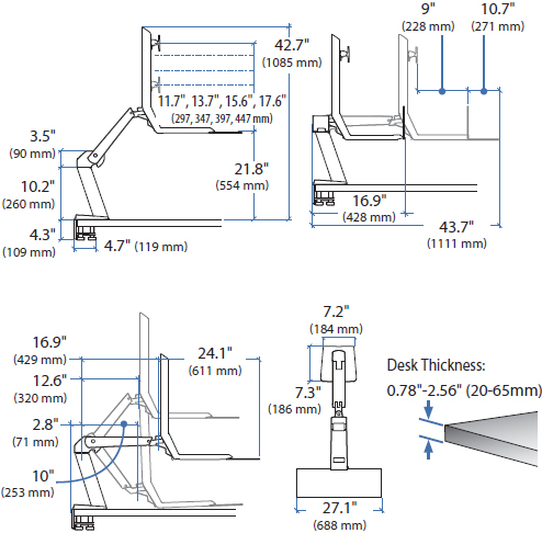 Technical Drawing for Ergotron 24-313-026 WorkFit-A, Single LD Sit-Stand Workstation