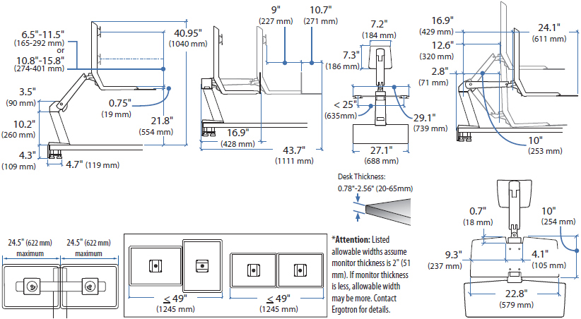 Technical Drawing for Ergotron 24-316-026 WorkFit-A Dual LCD Sit-Stand Workstation with Worksurface