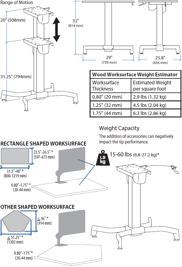 Technical drawing for Ergotron 24-387-200 WorkFit-B Light Duty Sit-Stand Base