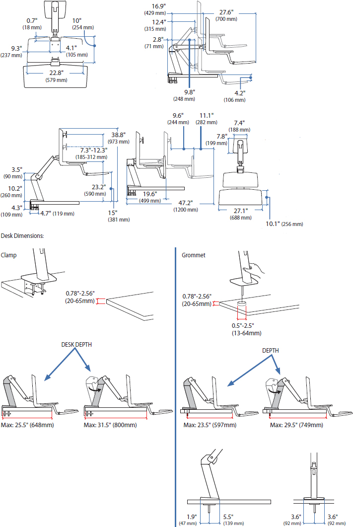 Technical Drawing for Ergotron 33-344-200 WorkFit-S, Single HD Sit-Stand Workstation