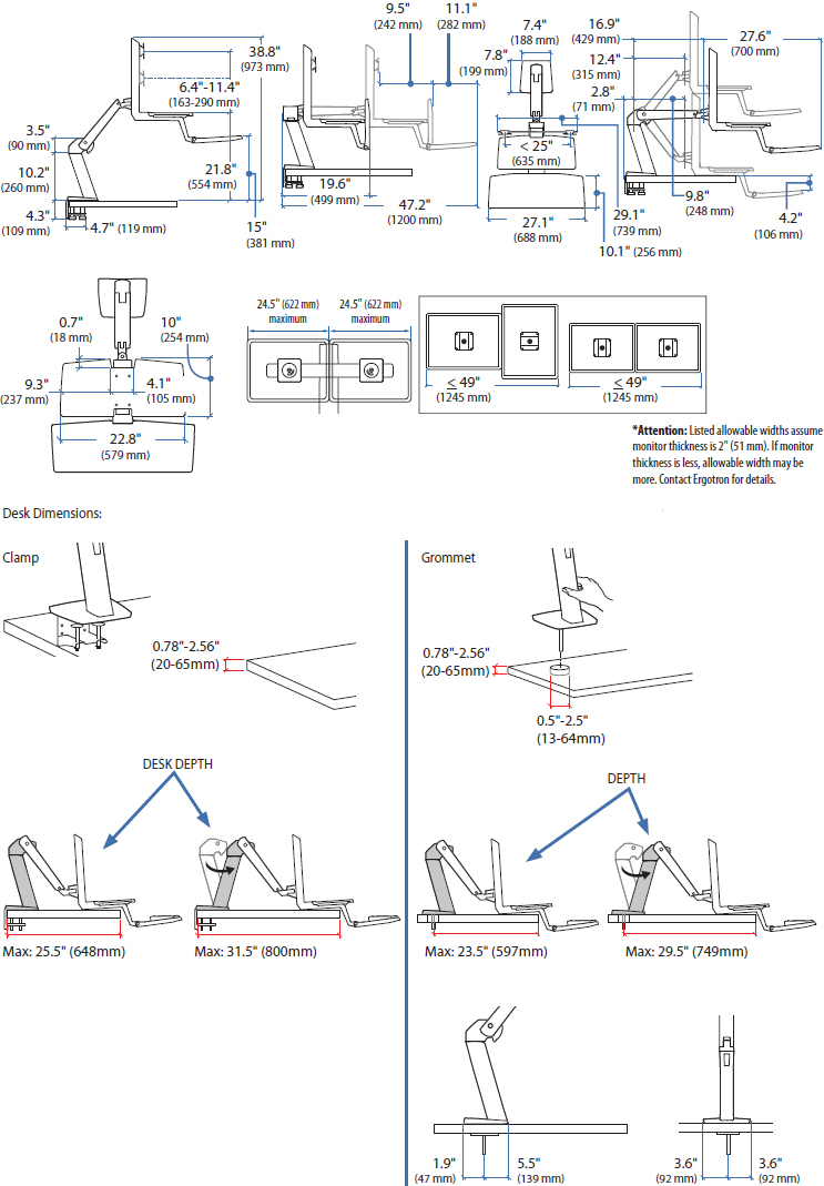 Technical Drawing for Ergotron 24-392-026 WorkFit-A Dual Monitor Stand Up Desk Workstation