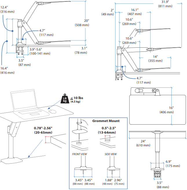 Technical drawing for Apple Compatible Ergotron 24-408-227 WorkFit-P Sit-Stand Workstation