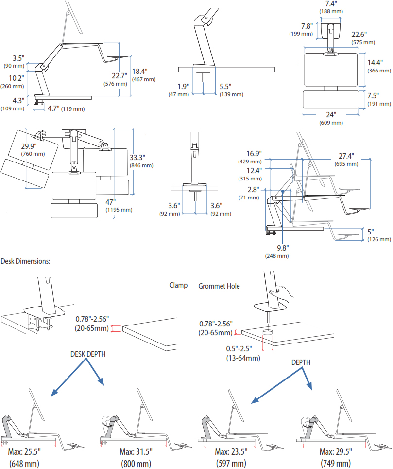 Technical Drawing for Apple Compatible Ergotron 24-414-227 WorkFit-A Sit-Stand Workstation, Silver