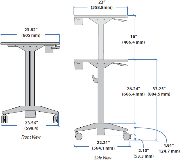 Technical Drawing for Ergotron 24-481-003 LearnFit Adjustable Standing Desk