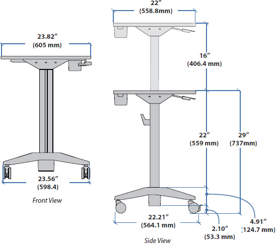 Technical Drawing for Ergotron 24-547-003 LearnFit Sit-Stand Student Desk - Shorter Worksurface Height