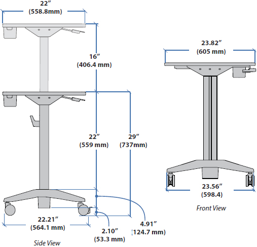 Technical Drawing for Ergotron 24-811-F13 Sit-Stand Mobile Desk