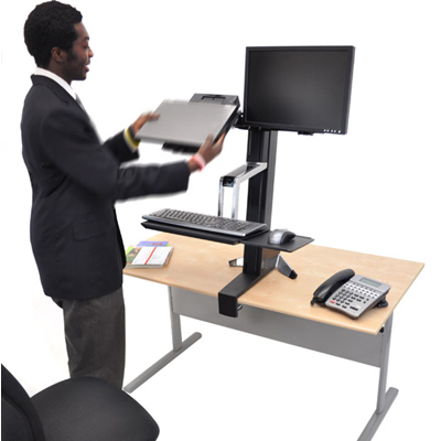 Ergotron 33-340-200 comes with 1. Height-adjustment column, 2. Desk clamp, 3. Crossbar, 4. LCD pivot, 5. Laptop Tray and 6. Keyboard tray with left/right mouse tray