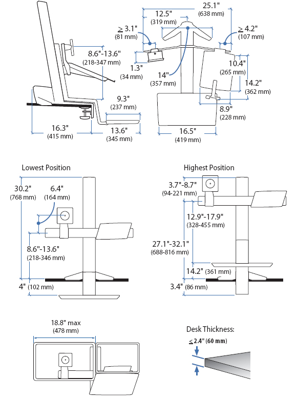Technical Drawing for Ergotron 33-340-200 WorkFit-S LED & Notebook Desk Mount