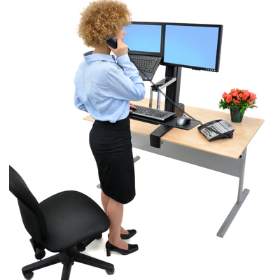 Using ergotron 33-340-200 WorkFit-S Sit-Stand Workstation for Combination Laptop and LCD Monitor with Surface Mount Base (black and polished aluminum) by standing