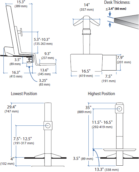 Technical Drawing for Ergotron 33-344-200 WorkFit-S, Single HD Sit-Stand Workstation