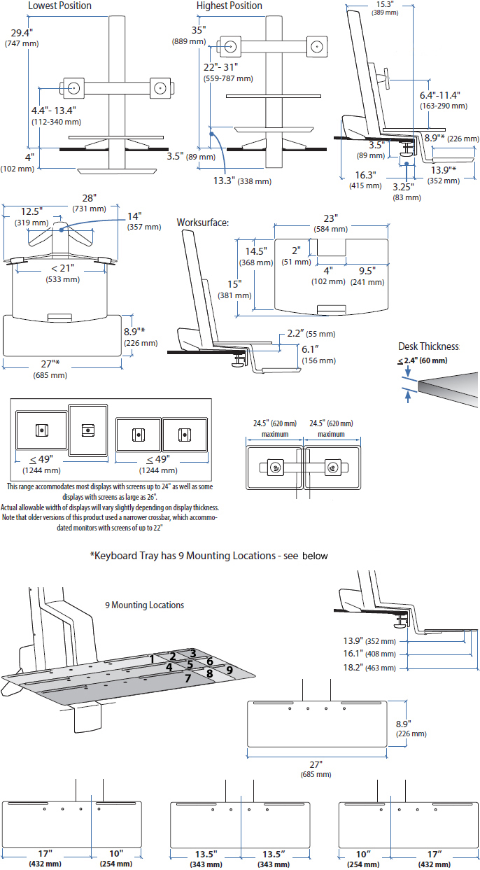 Technical drawing for Ergotron 33-349-200 WorkFit-S, Dual Monitor with Worksurface