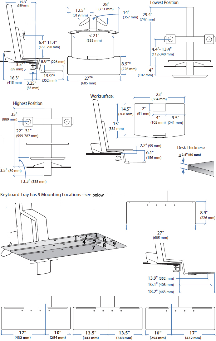 Technical Drawing for Ergotron 33-349-211 WorkFit-S, Dual Monitor with Worksurface
