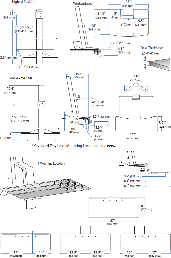 Technical drawing for Ergotron 33-350-200 WorkFit-S, Single LD with Worksurface