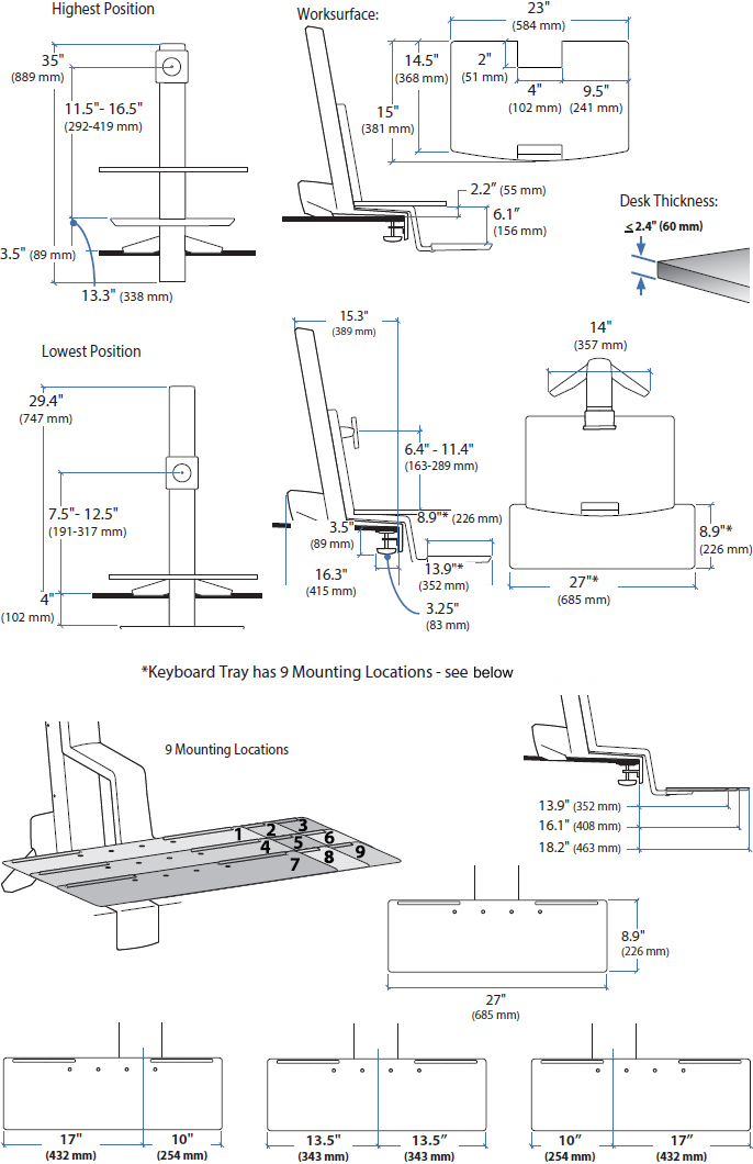 Technical drawing for Ergotron 33-351-200 WorkFit-S, Single HD with Worksurface
