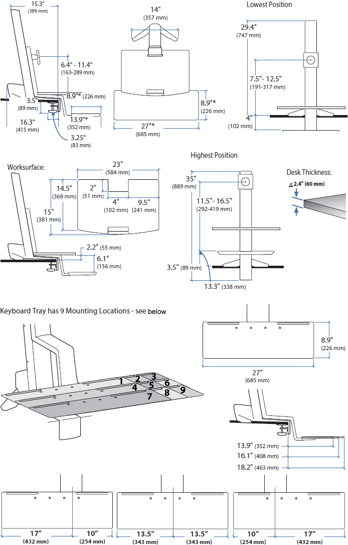 Technical Drawing for Ergotron 33-351-211 WorkFit-S, Single HD with Worksurface