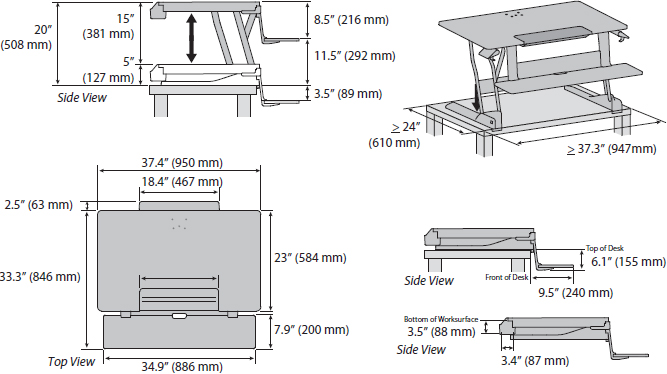 Technical Drawing for Ergotron 33-444-921 WorkFit-TLE Sit-Stand Desktop Workstation
