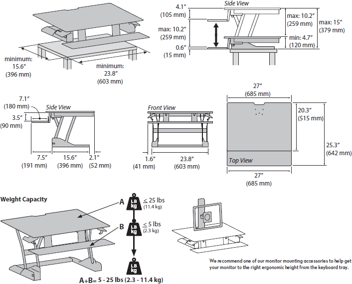 Technical Drawing for Ergotron 33-447-921 WorkFit-TS Standing Desk Converter Small Surface