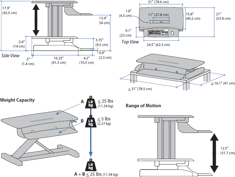 Technical Drawing for Ergotron 33-458-917 WorkFit-Z Mini Sit-Stand Desktop Workstation