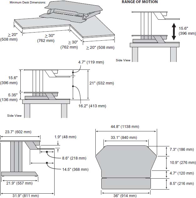 Technical Drawing for Ergotron 33-468-921 WorkFit Corner Standing Desk Converter