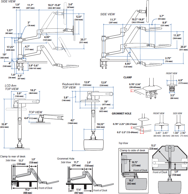 Technical drawing for Ergotron 45-405-026 WorkFit-LX Sit-Stand Desk Mount System