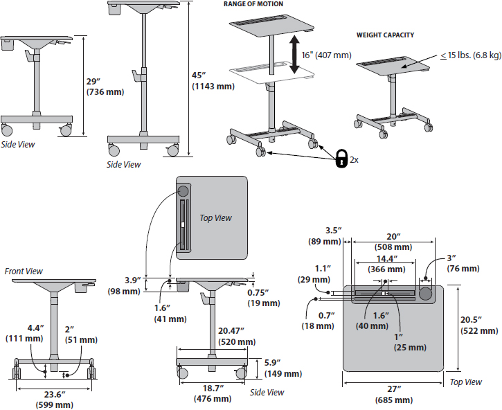 Technical drawing for Ergotron LearnFit SE2 Short Sit-Stand Student Desk - 24-715-057