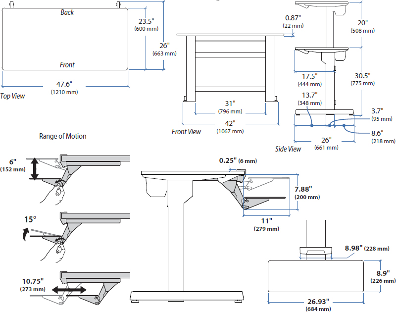 Technical Drawing for Ergotron 24-271-927 WorkFit-D, Sit-Stand Desk