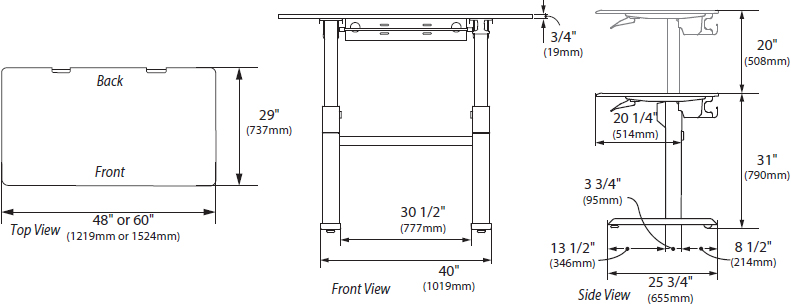Technical Drawing for Ergotron 24-568-F03 WorkFit-DL 60, Sit-Stand Desk (Black)
