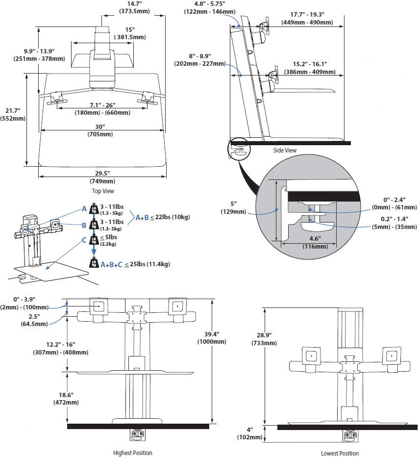 Technical Drawing for Ergotron 33-407-062 WorkFit-SR Rear Mount Dual Sit-Stand Workstation - White