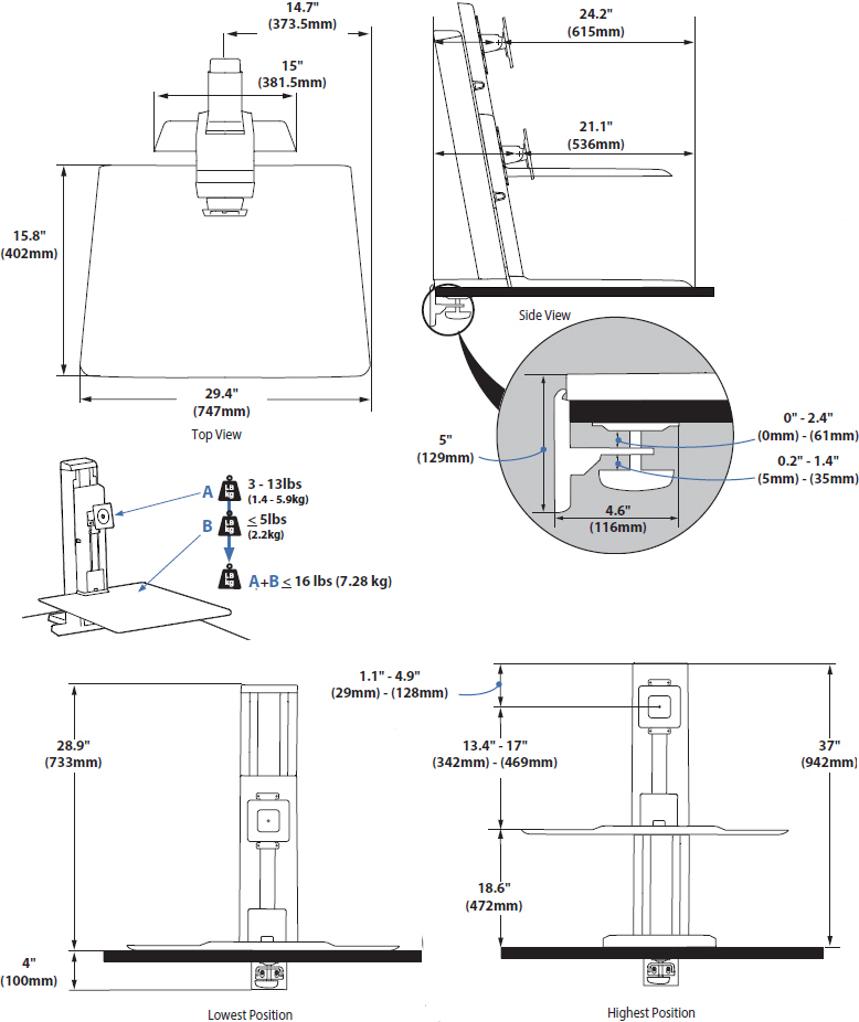 Technical Drawing for Ergotron 33-421-085 WorkFit-SR Rear Mount Heavy Monitor Short Surface Workstation, Black