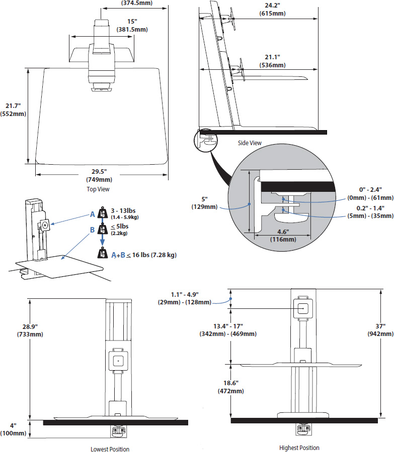 Technical Drawing for Ergotron 33-415-085 WorkFit-SR Rear Mount Single Sit-Stand Workstation - Black