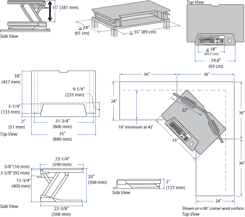 Technical drawing for Ergotron 33-397-085 WorkFit-T Sit-Stand Desktop Workstation