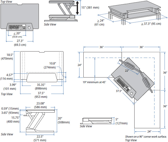 Technical Drawing for Ergotron 33-418-085 WorkFit-TL Sit-Stand Desktop Workstation, TAA